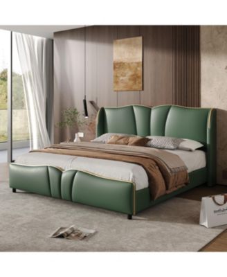 King Leather Bed Frame Wingback Headboard Platform Bed Black