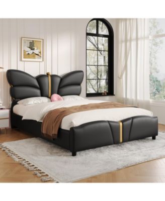 Streamdale Queen Upholstered Bed Frame, Butterfly Headboard, Gold Accents