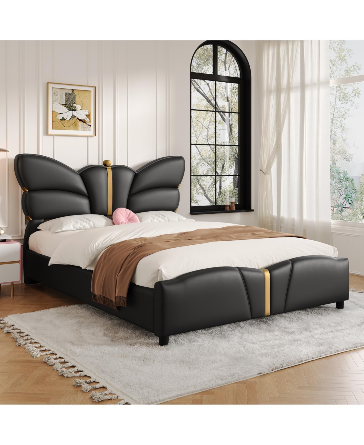 Streamdale Furniture Queen Upholstered Bed Frame, Butterfly Headboard, Gold Accents