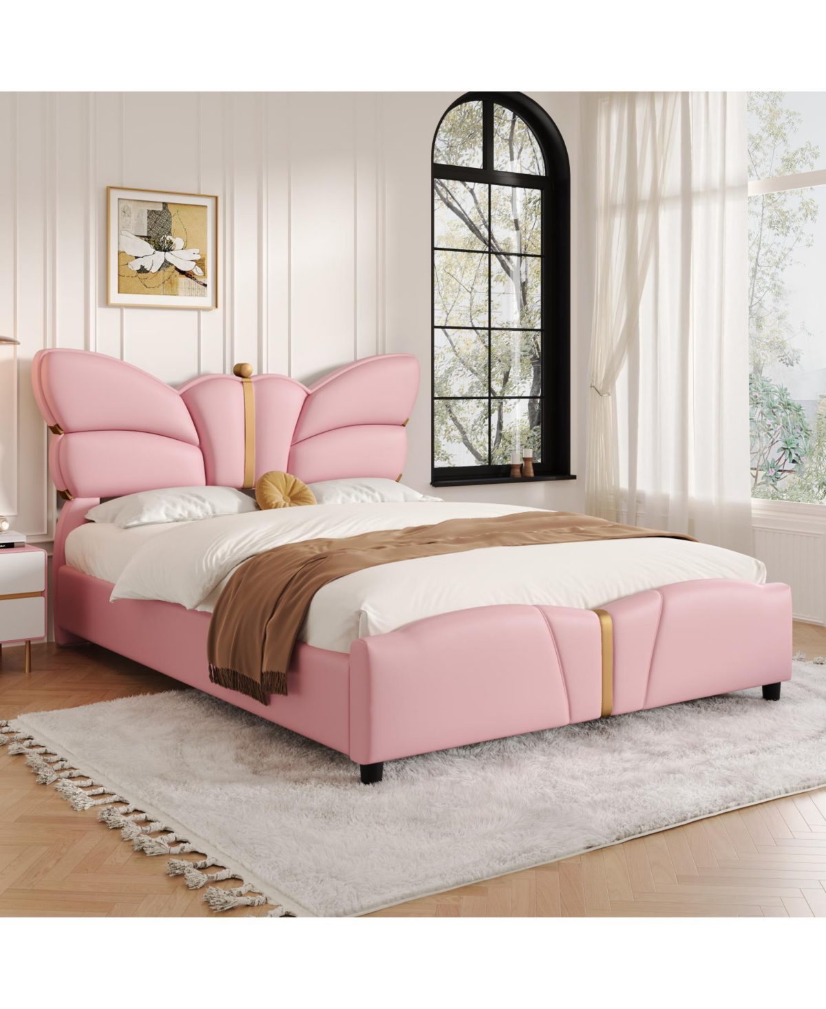 Streamdale Furniture Queen Upholstered Bed Frame, Butterfly Headboard, Gold Accents