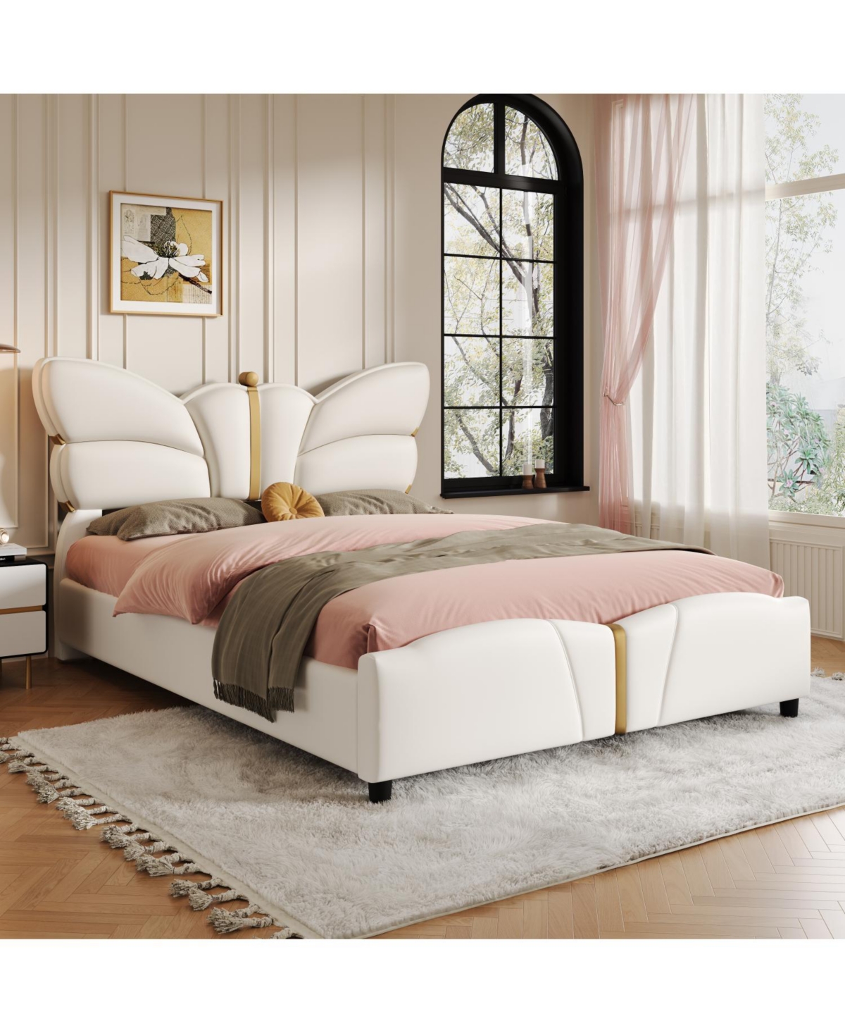 Streamdale Furniture Queen Upholstered Bed Frame, Butterfly Headboard, Gold Accents
