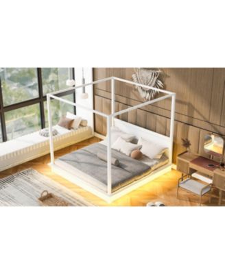  King Size White Wood LED Canopy Platform Bed