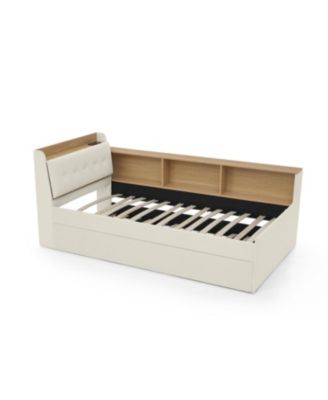 Twin Velvet Daybed with Storage, Trundle, & LED - Beige