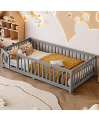 Twin Floor Bed with Guardrails & Door - Gray