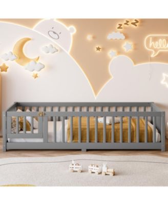 Twin Floor Bed with Guardrails & Door - Gray