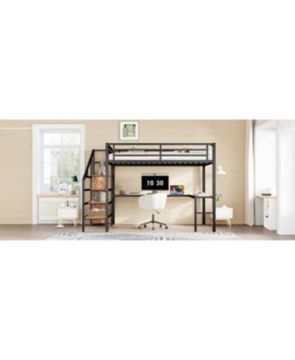 Queen Loft Bed with Desk, Wardrobe, Shelf & LED - Wood-grain