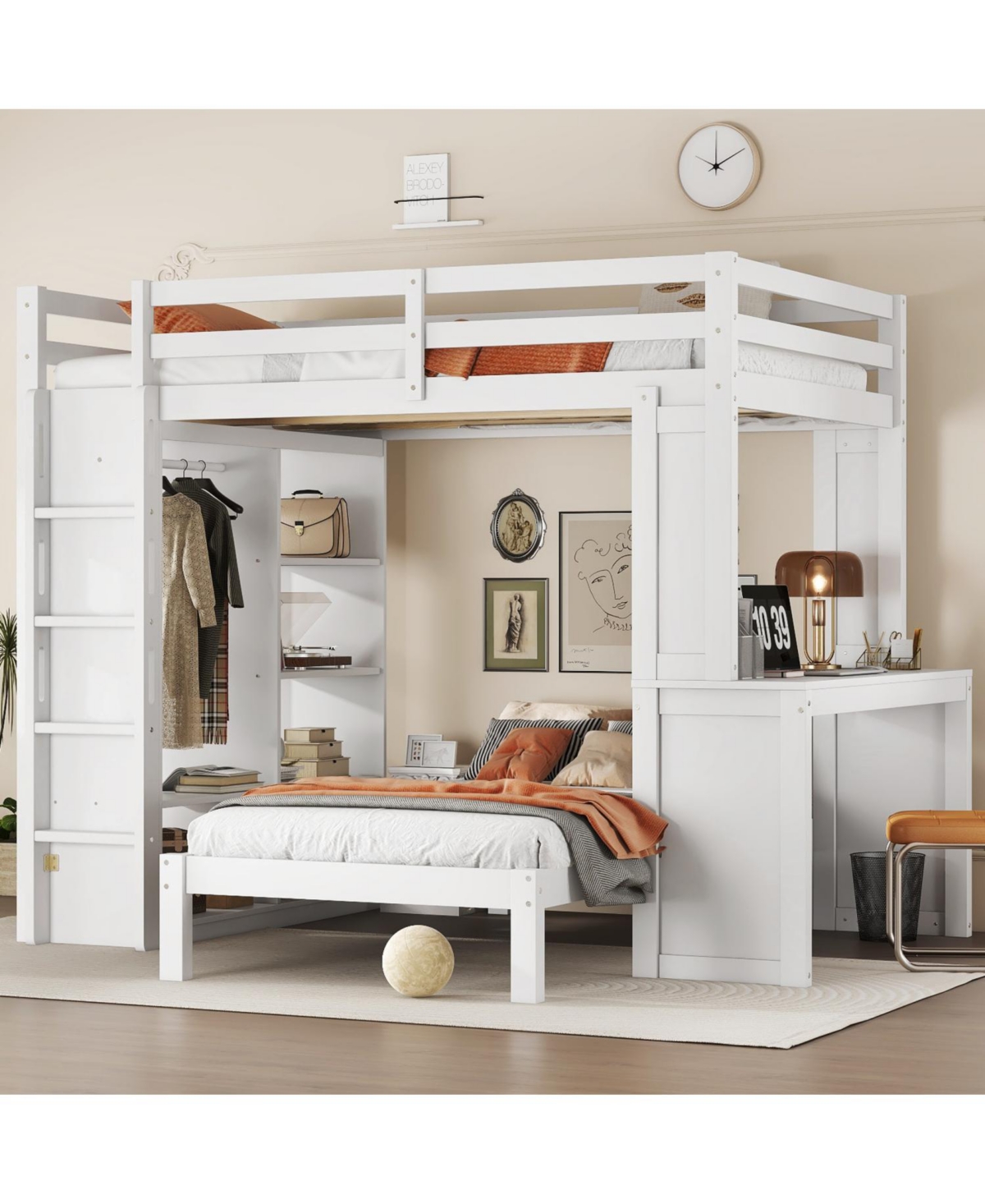 Streamdale Furniture Bunk Bed with Desk & Shelves, Converts to Loft Bed
