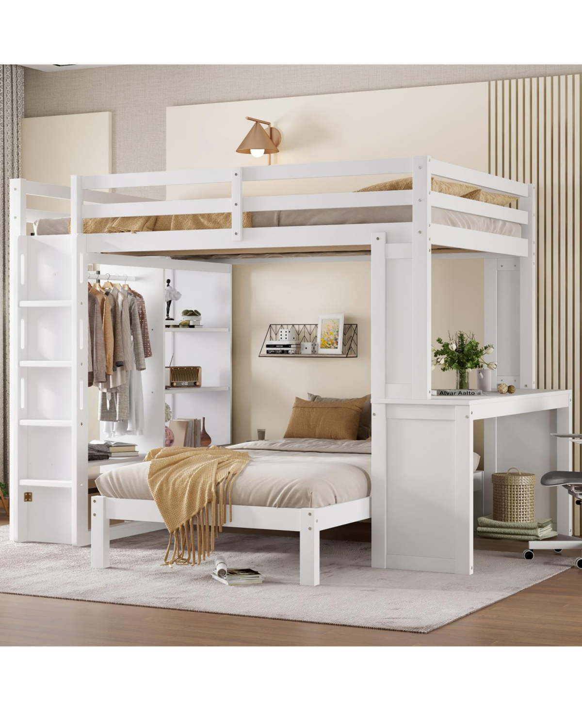 Streamdale Furniture Queen over Twin Bunk Bed with Desk, Shelves & Wardrobe - White
