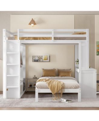 Queen over Twin Bunk Bed with Desk, Shelves & Wardrobe - White