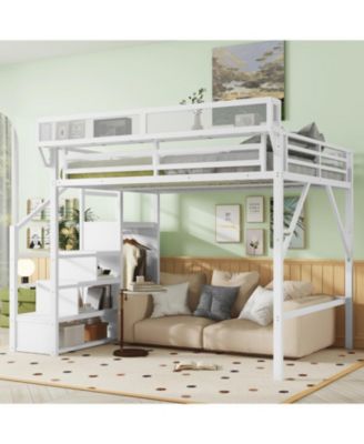  Queen Loft Bed with Stairs, Metal, Storage, Wardrobe