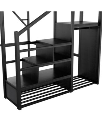 Streamdale Queen Loft Bed with Stairs, Metal Frame, Storage Shelves & Wardrobe
