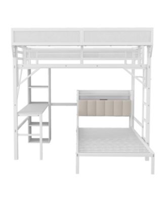  Full/Twin Metal Bunk Bed w/ Desk, Bookshelves, LED, Charge - White