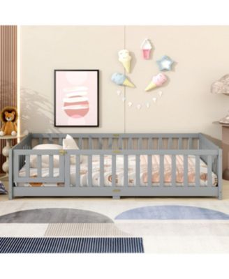 Twin Floor Bed with Fence & Door, Grey