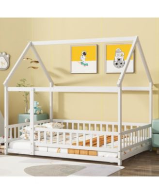 Full Size House Floor Wooden Bed with Roof Frame, Safety Guardrails