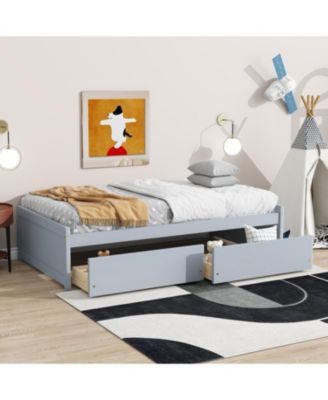 Twin Size Bed with 2 Drawers, Solid Rubber Wood Bed