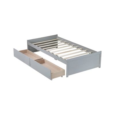 Twin Size Bed with 2 Drawers, Solid Rubber Wood Bed
