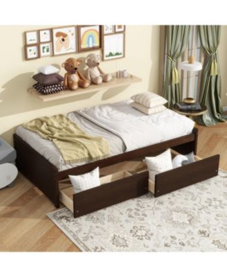 Twin Size Bed with 2 Drawers, Solid Rubber Wood Bed