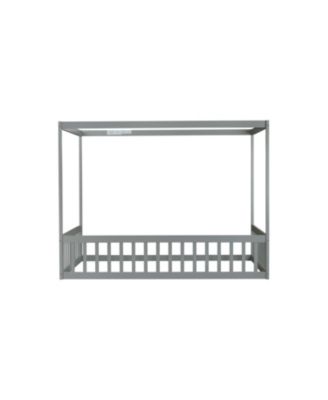 Full Size Canopy Frame Rubber Wood Floor Bed with Fence,Guardrails