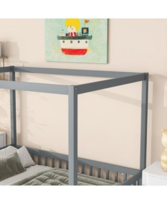 Full Size Canopy Frame Rubber Wood Floor Bed with Fence,Guardrails