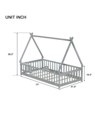 Twin Tent-shaped Floor Bed,Teepee Bed with Guardrails,Slats and Door