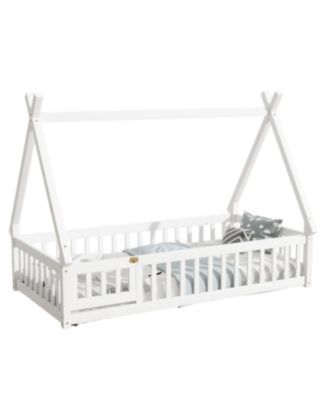  Twin Tent-shaped Floor Bed,Teepee Bed with Guardrails,Slats and Door