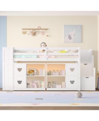 Kids' Pine Loft Bed with Storage, Stairs & LED Lights
