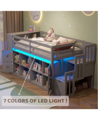  Kids' Pine Loft Bed with Storage, Stairs & LED Lights