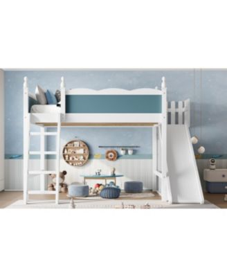 Queen Loft Bed with Storage Shelves, Cabinet, Slide & Ladder (Blue/White)