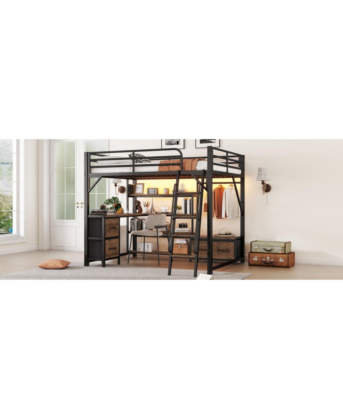 Streamdale Queen Size Loft Bed with Desk, Led, Shelves, Wardrobe & Drawers
