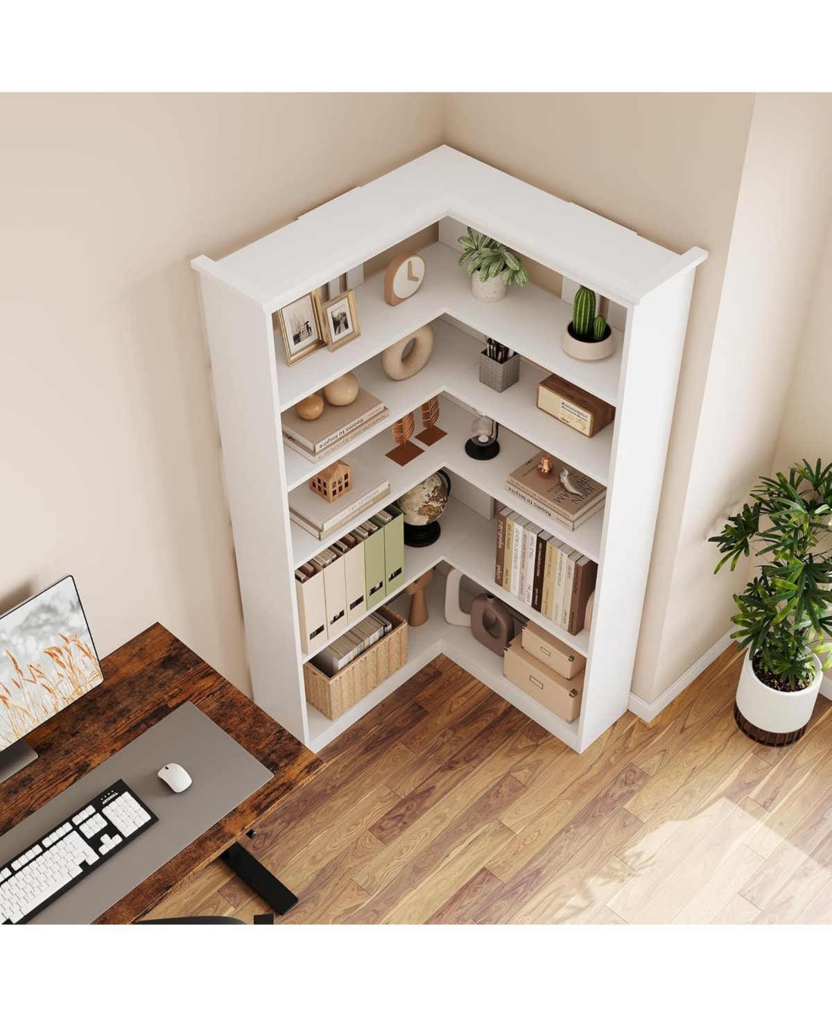 gaomon 5-Tier Farmhouse Corner Bookshelf, 72.8" L Shaped Wood Display Rack, White Half Panel, Living Room, Office