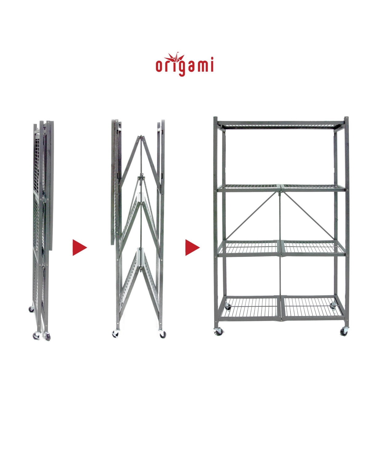 Origami 4 Tier Multipurpose Folding Storage Organizing Rack with Wheels, Gray