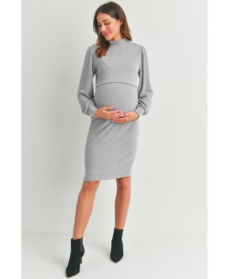 Maternity Double Layer Mock Neck Ribbed Nursing Dress