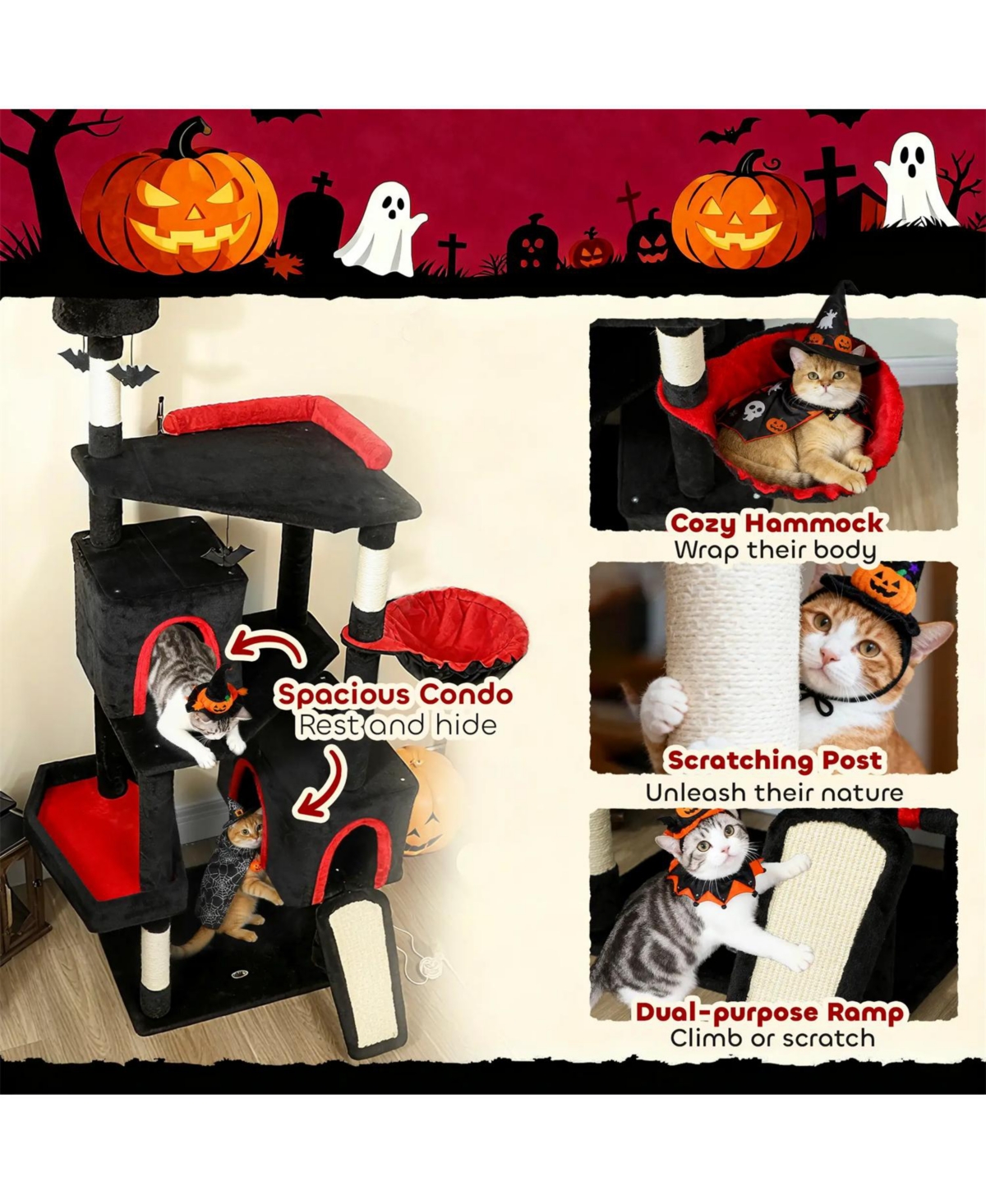 Aostirmotor 78"Cat Tree Cat Tower with Coffin Bed in Black