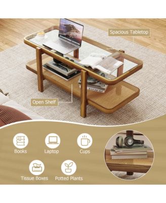 2-Tier Rustic Coffee Table with Storage Tempered Glass Tabletop PE Rattan Shelf