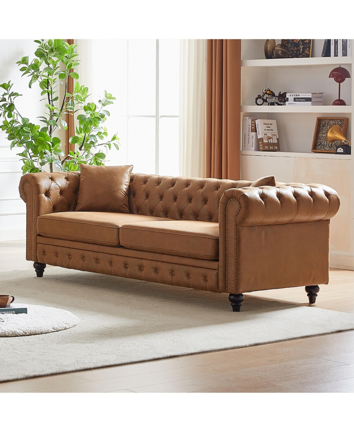 Streamdale Furniture 85.5" Living Room with Tech Fabric Chesterfield Sofa with Rolled Arms 3 Seater Sofa with Button Design and 2 Cushions for Apartme