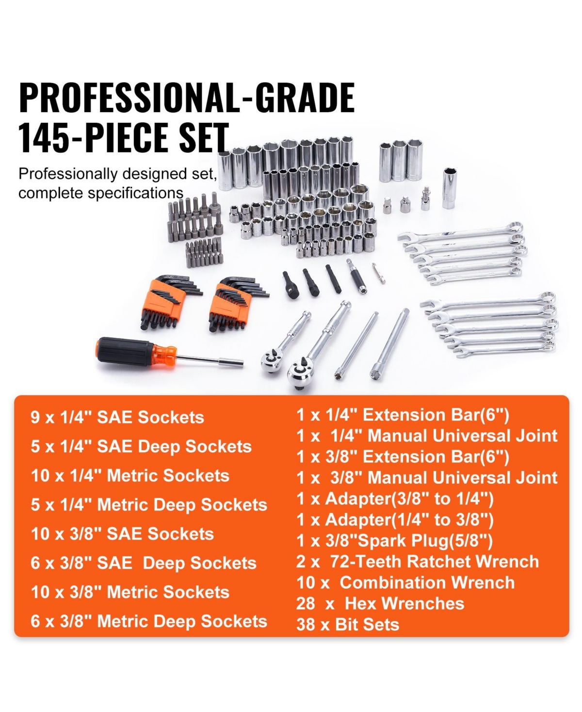 Sugift 145-Piece Professional Tool Set with Sae/Metric Sockets & Storage Case