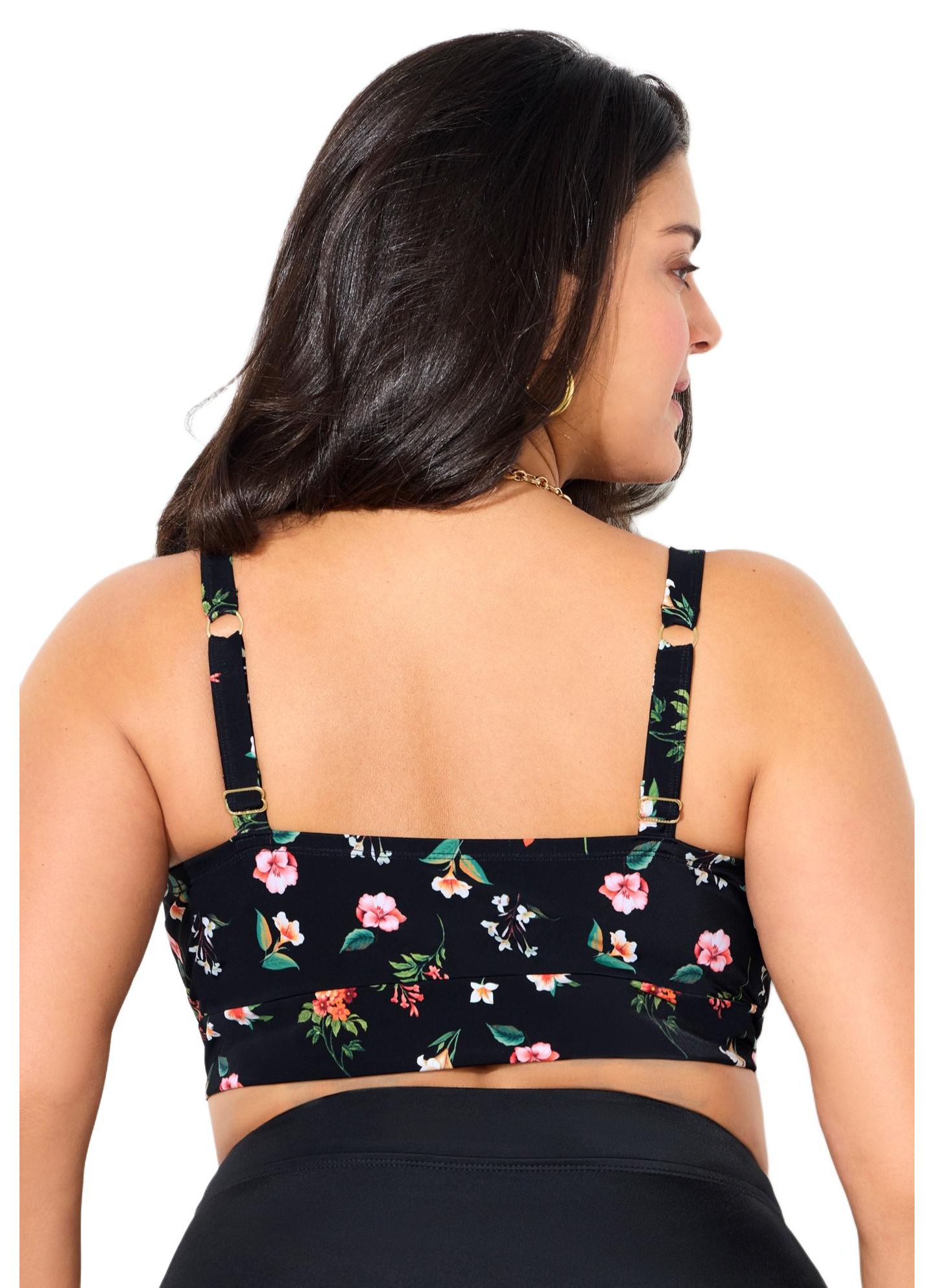 Женский верх бикини Swimsuits for All с завязкой спереди и косточками, удлинённый, цвет: Чёрный с принтом — фото 2