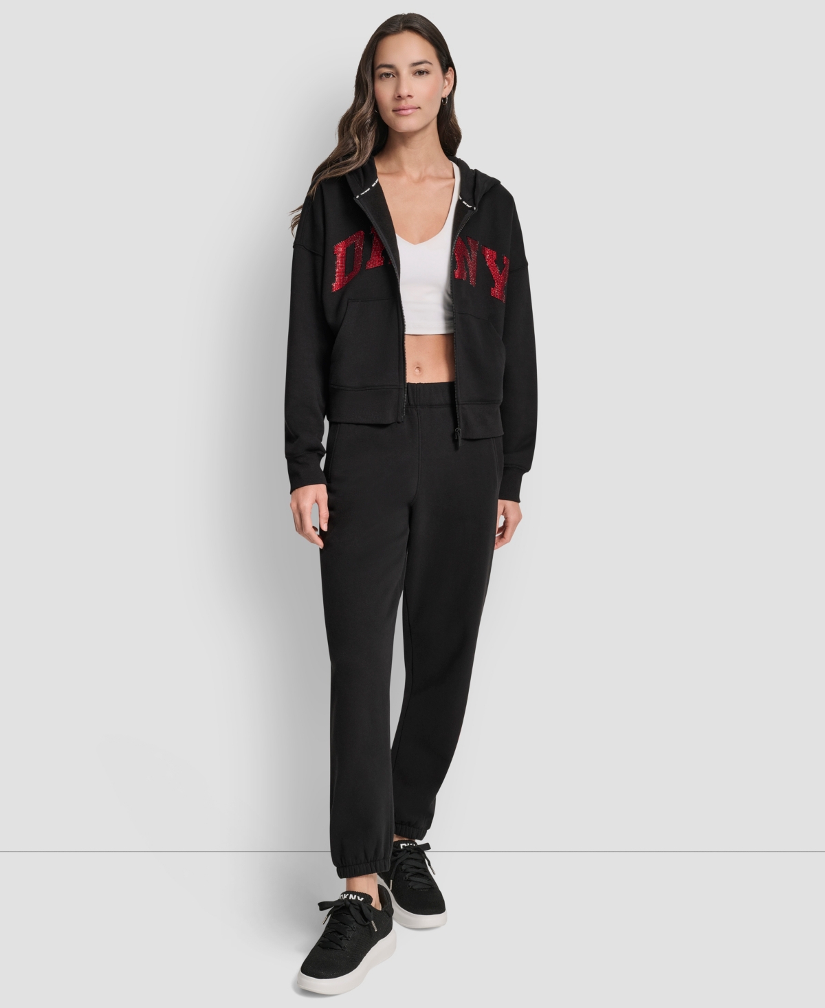 Dkny Women's Exploded Rhinestone Varsity Logo Full-Zip Hoodie