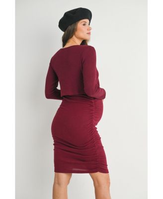 Maternity Long Sleeve Ribbed Side Ruched Nursing Dress