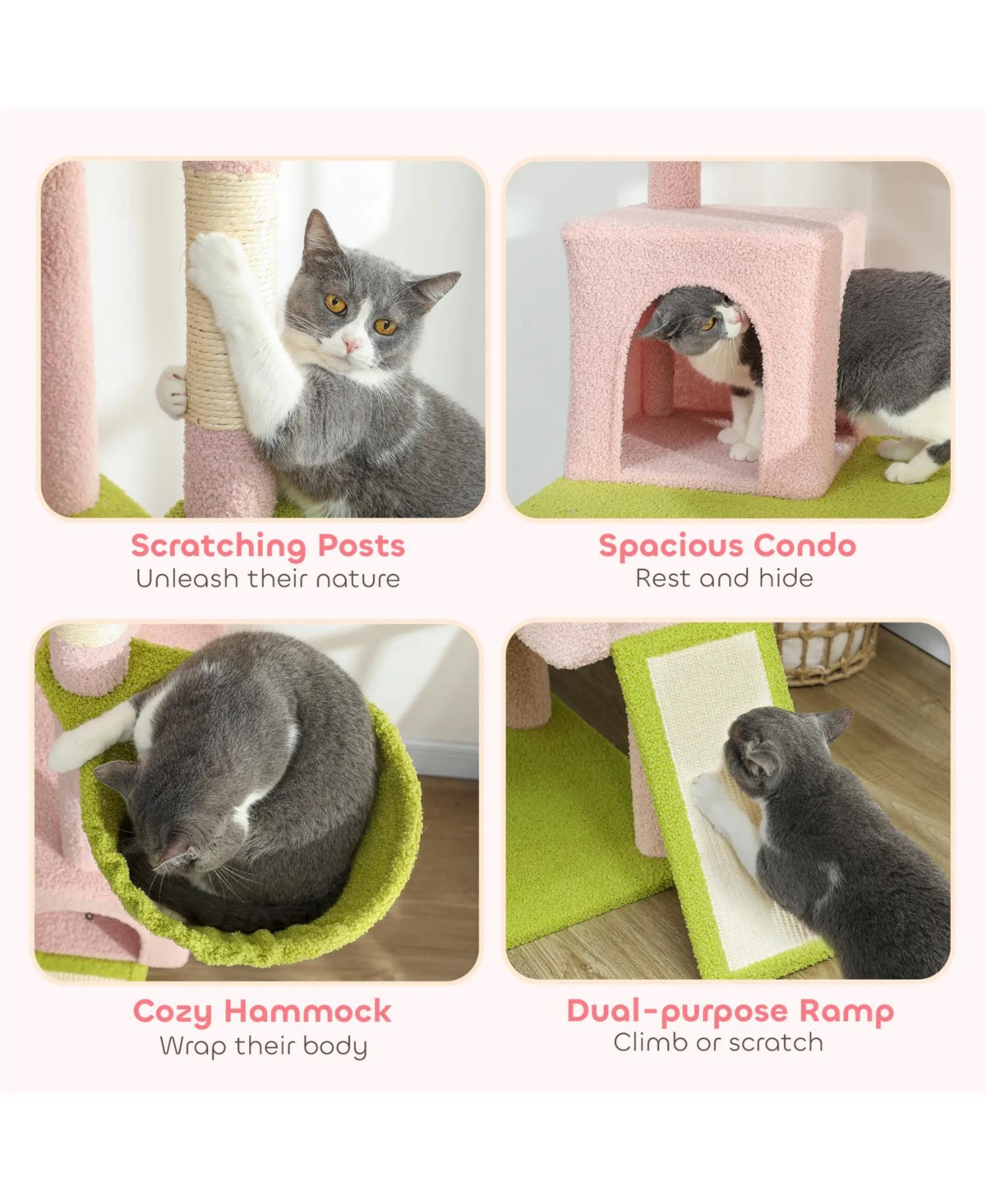 Aostirmotor 74" Flower Cat Tree with Scratching Post & Board in Pink