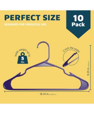 heavy-duty plastic hangers with non-slip grooves, space-saving design, and 5 lb capacity ideal for clothes $ dresses. Pack of 10, purple.