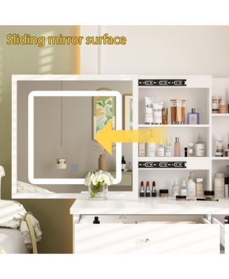 5-Drawers White Makeup Vanity Sets Dressing Table Sets with LED Dimmable Mirror, Stool and 3-Tier Storage Shelves