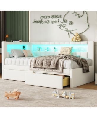 Upholstered Twin Size Platform Bed with USB Ports and LED Belt With 2 Drawers White