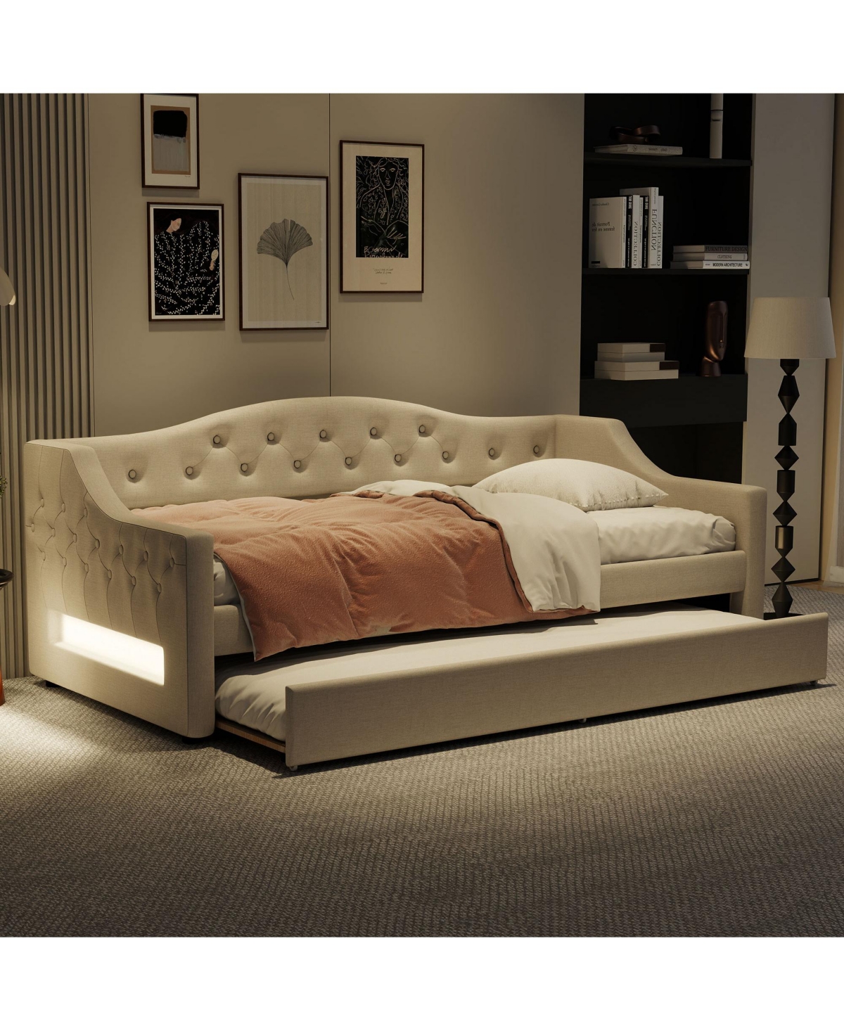 Lovmor Upholstered Twin Xl Size Daybed with Led Belt and Trundle