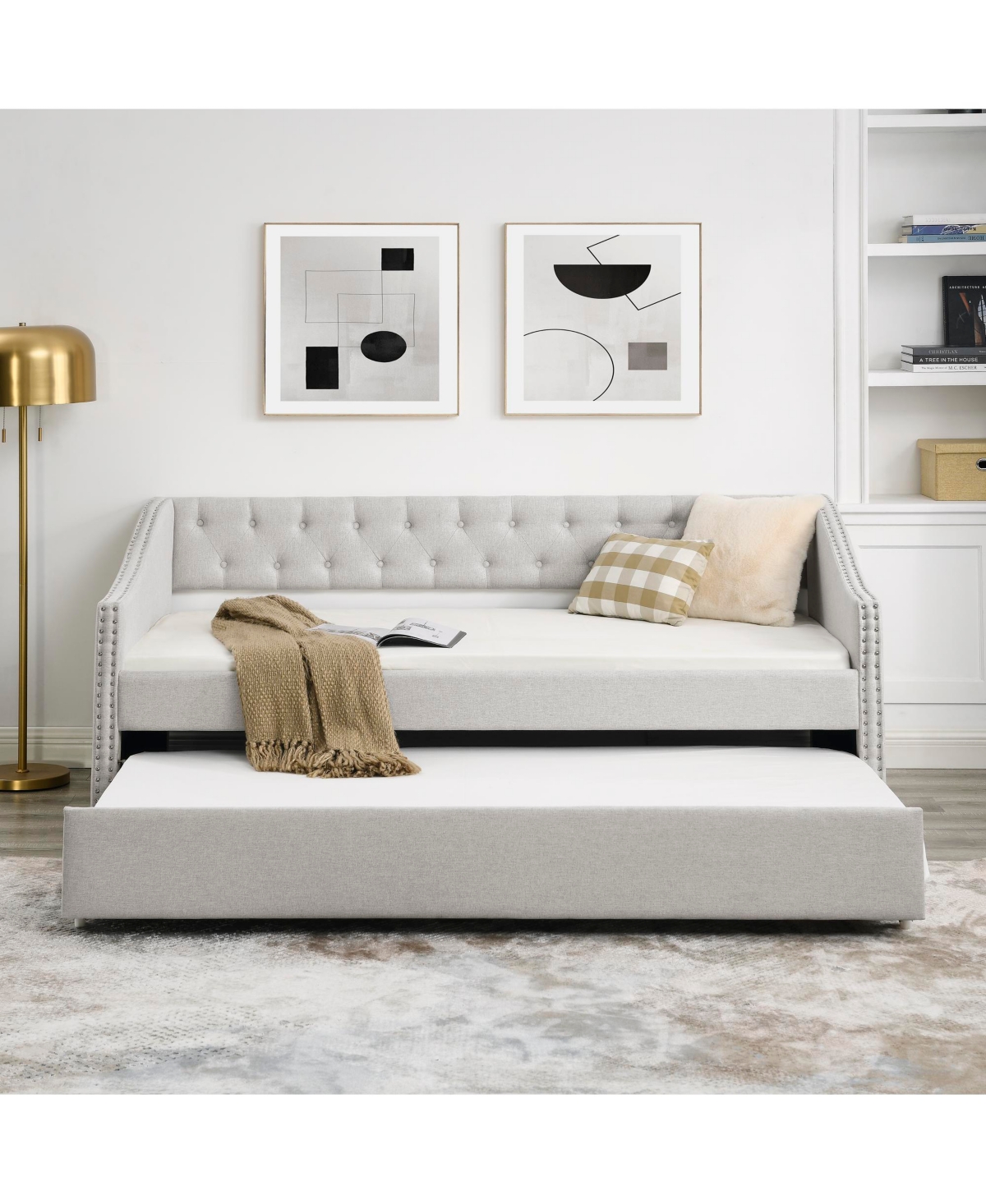 Lovmor Twin Size Daybed with Twin Size Trundle Upholstered Tufted Sofa Bed with Button on Back and Copper Nail on Waved Shape Arms