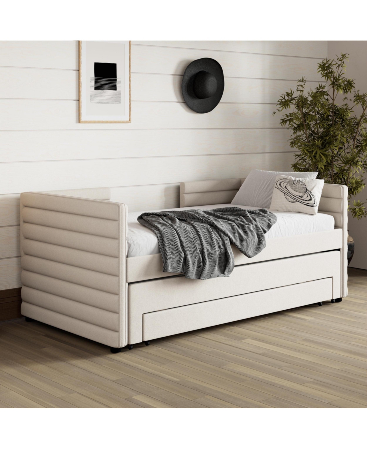 Lovmor Twin Size Upholstered Daybed with Trundle and 3 Storage Drawers Space-Saving Modern Day Bed Frame No Box Spring Needed