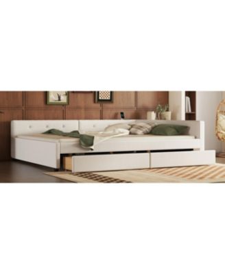 Queen Size Upholstered Platform Bed with USB and 2 Drawers Beige