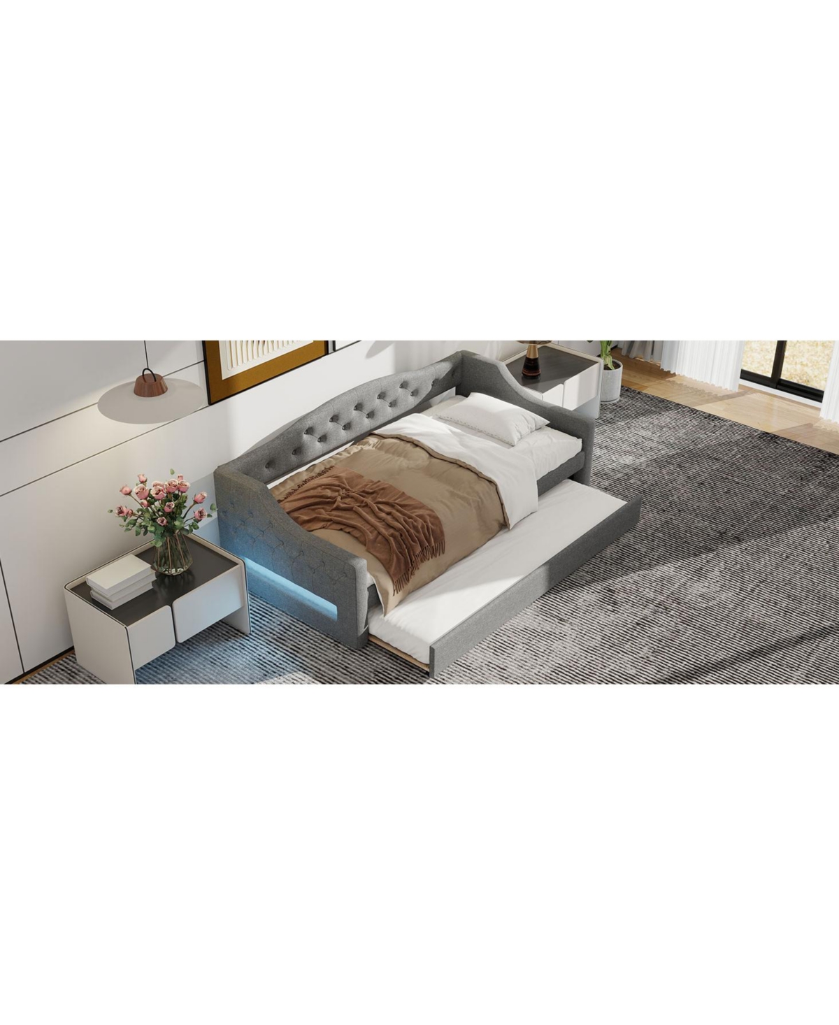 Upholstered Twin Xl Size Daybed with Led Belt and Trundle Gray