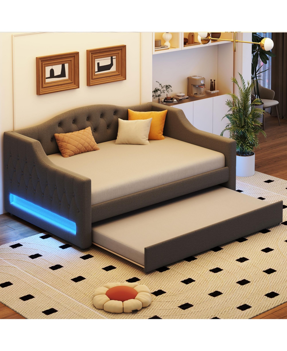 Lovmor Upholstered Full Xl Size Daybed with Led Belt and Trundle Gray