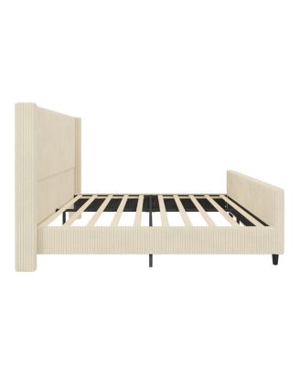  King Size High Headboard Corduroy Upholstered Bed Frame with Vertical Stripe Wingback and High Footboard